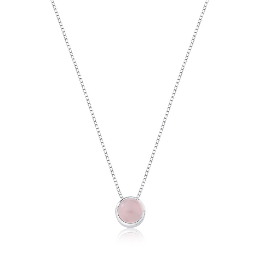 Gargantilha Prata com Pingente de Pedra Natural Quartzo Rosa Embutido