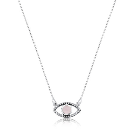 Gargantilha Prata com Pingente Olho Grego e Pedra Natural Quartzo Rosa