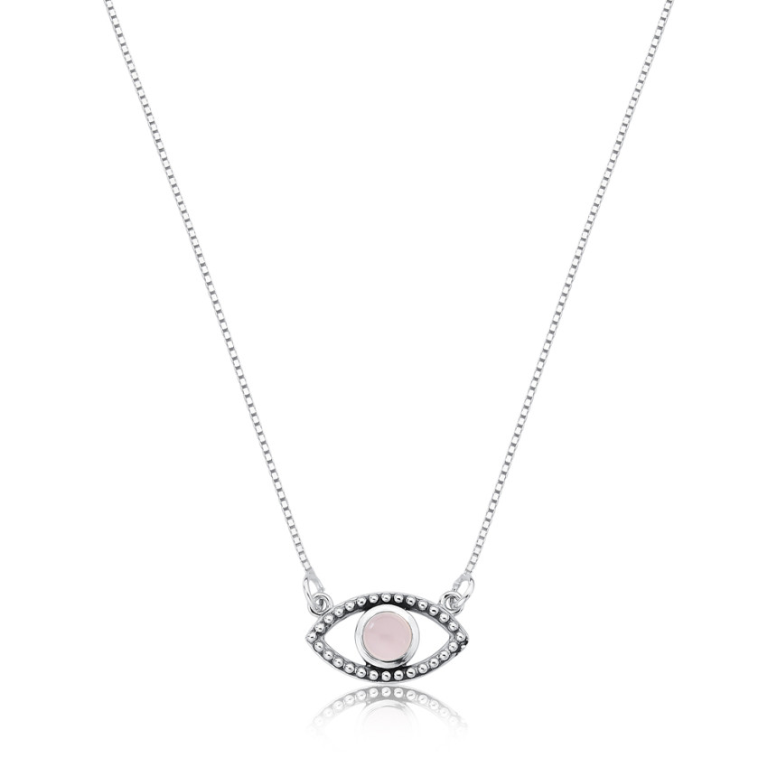 Gargantilha Prata com Pingente Olho Grego e Pedra Natural Quartzo Rosa
