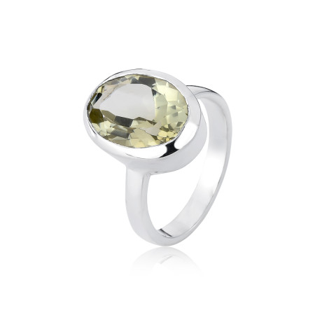 Anel Prata Pedra Natural Ametista Verde Oval Embutida