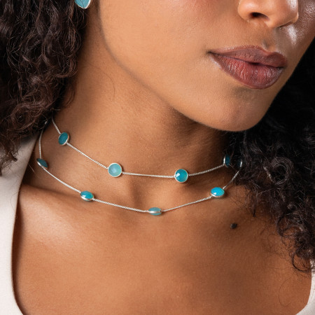 Choker Prata c/ Sete Pedras Redondas de Calcedônia Azul Natural