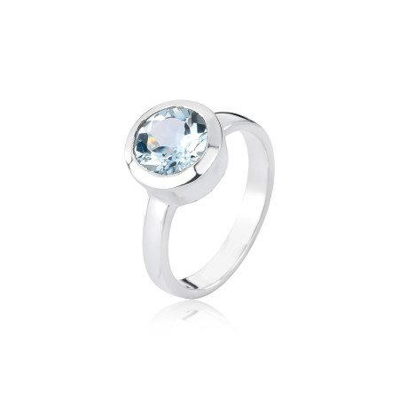 Anel Prata Pedra Natural Topázio Azul Redondo Embutido