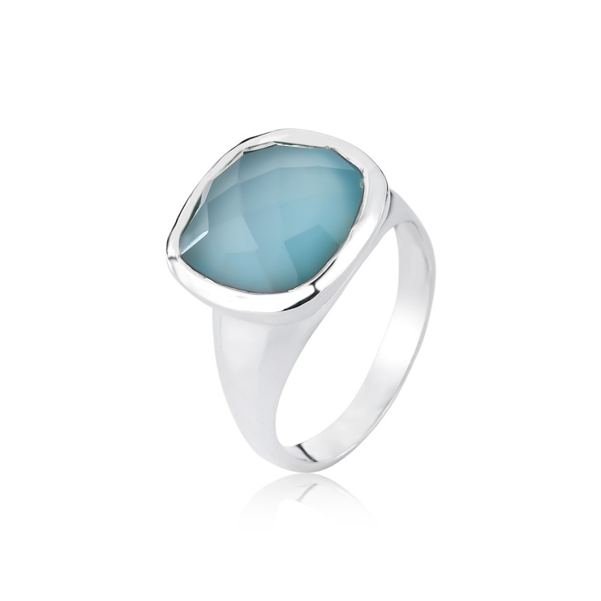 Anel Prata Pedra Natural Calcedônia Azul Quadrada