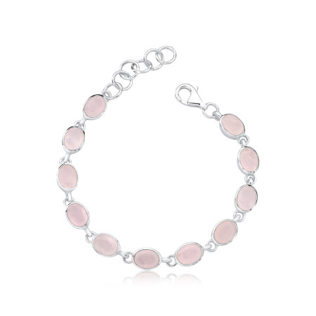 Pulseira Prata c/ Onze Pedras Ovais de Quartzo Rosa Natural