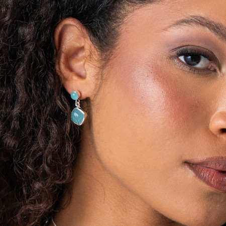 Brinco Prata Pedra Natural Calcedônia Azul Quadrada