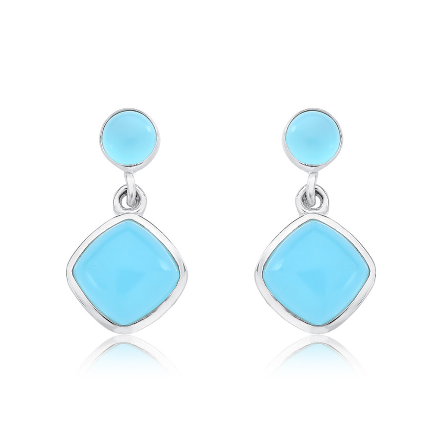 Brinco Prata Pedra Natural Calcedônia Azul Quadrada