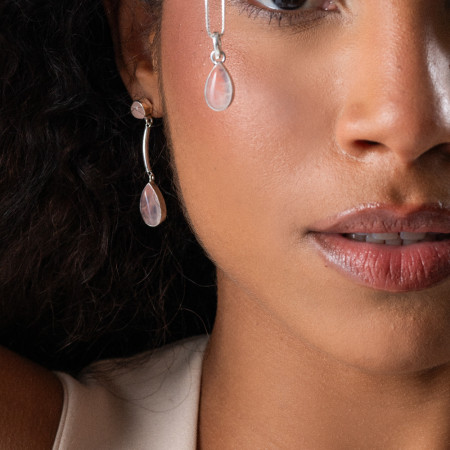 Brinco Prata Quartzo Rosa Natural Gota
