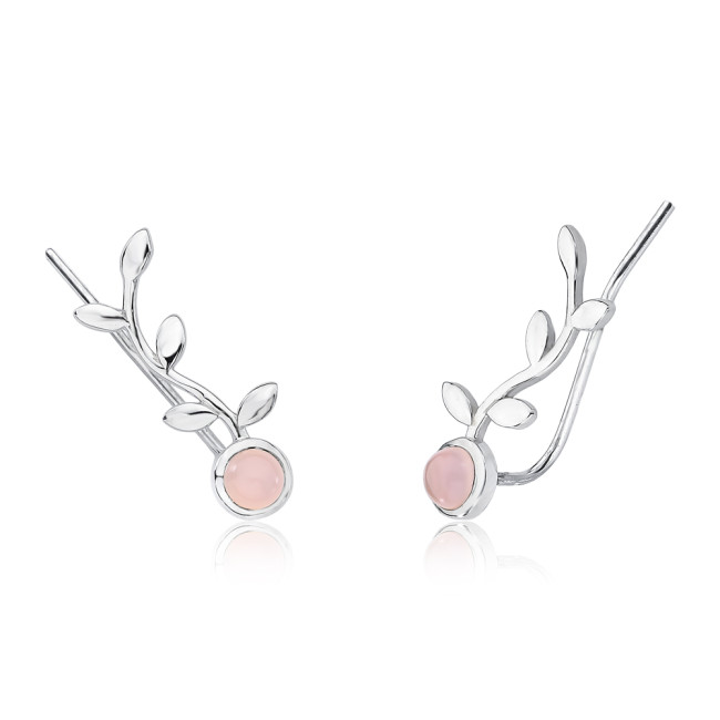 Brinco Prata Ear Cuff Ramo e Quartzo Rosa
