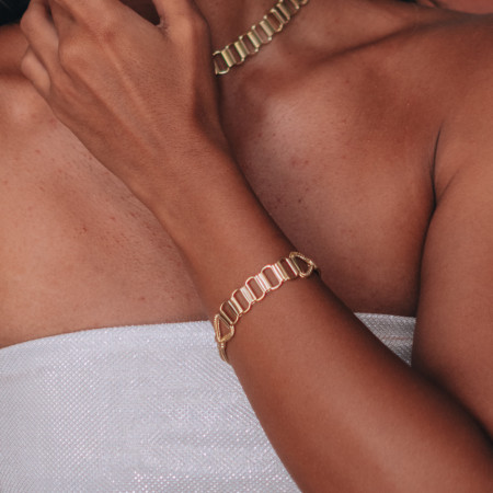 Pulseira Grumet Dupla c/ Elos e Tubos Lisos Folheada a Ouro 18k