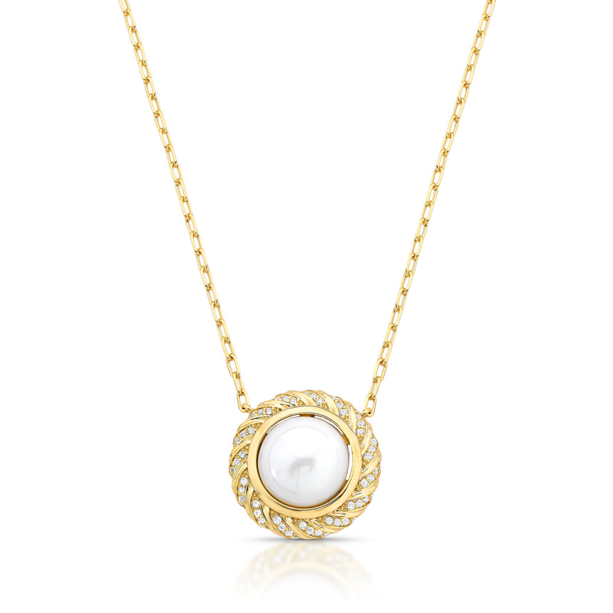 Gargantilha Cartier c/ Pérola Shell Borda Cravejada Trançada Folheada a Ouro 18k