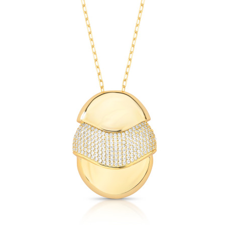 Gargantilha Cartier Oval Liso c/ Onda Central Cravejada Folheado a Ouro 18k