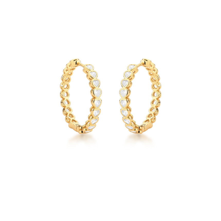 Argola Click Corações Zircônia Embutida 30mm Folheada a Ouro 18k