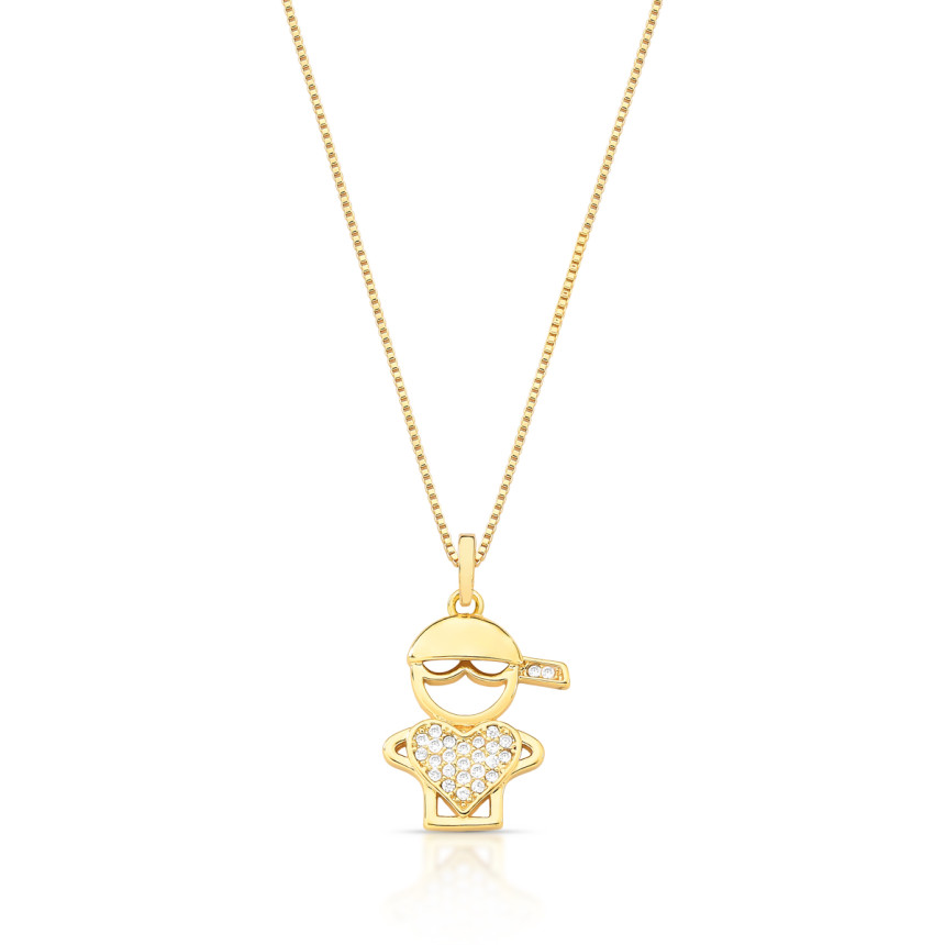Gargantilha Veneziana Menino Coração Cravejado Folheada a Ouro 18k