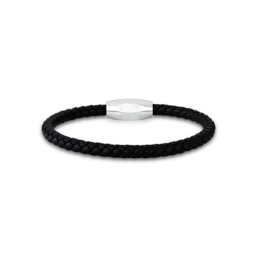Pulseira Aço Rosso Couro Preto Trançada cm Fecho Steel 20cm