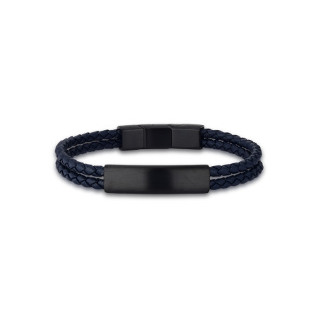 Pulseira Aço Rosso 2 em 1 Couro Duplo Trançado  Azul c/ Placa