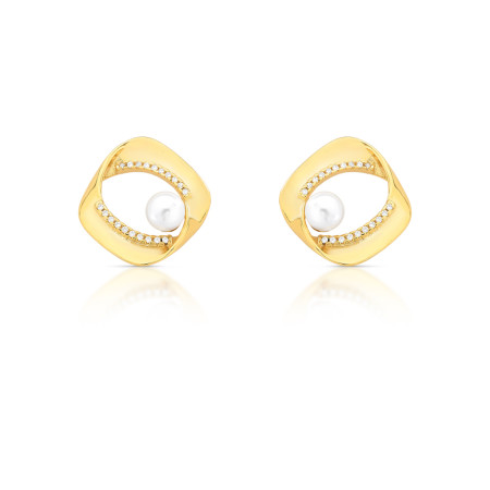 Brinco Fixo Quadrado Liso Detalhe Cravejado e Pérola Folheado a Ouro 18k