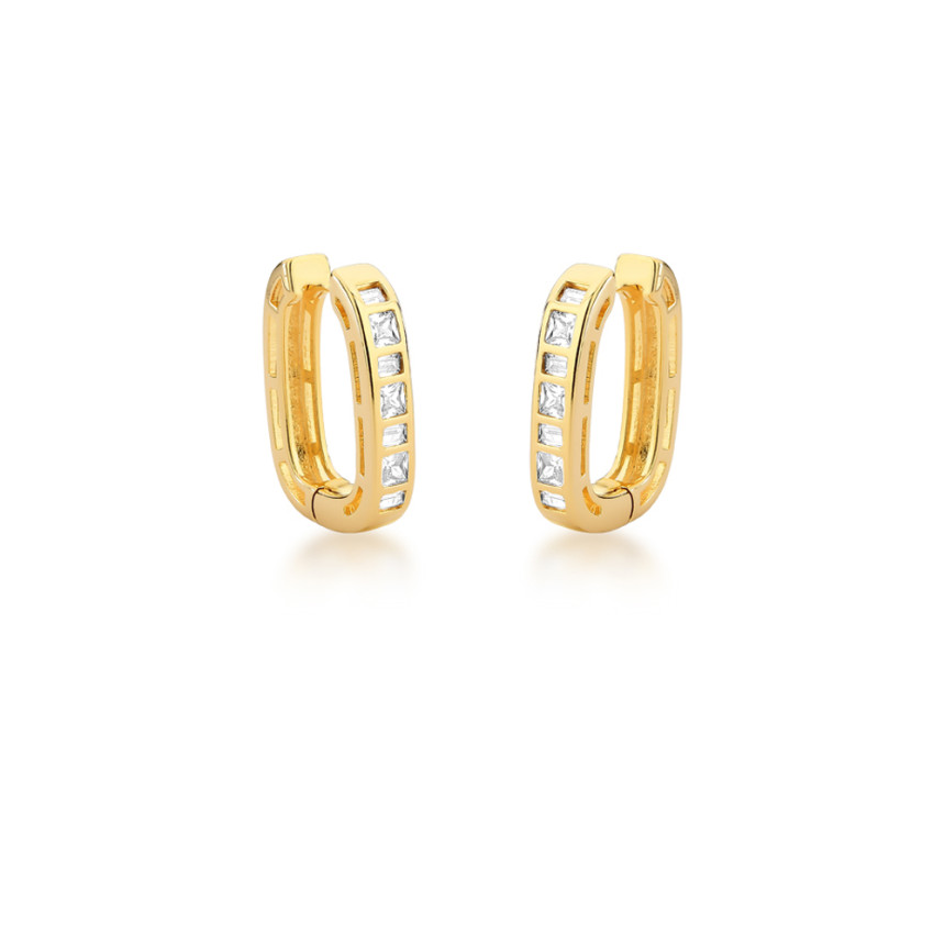 Argola Click Oval 20mm c/ Zircônias Embutidas Quadradas Folheado a Ouro 18k
