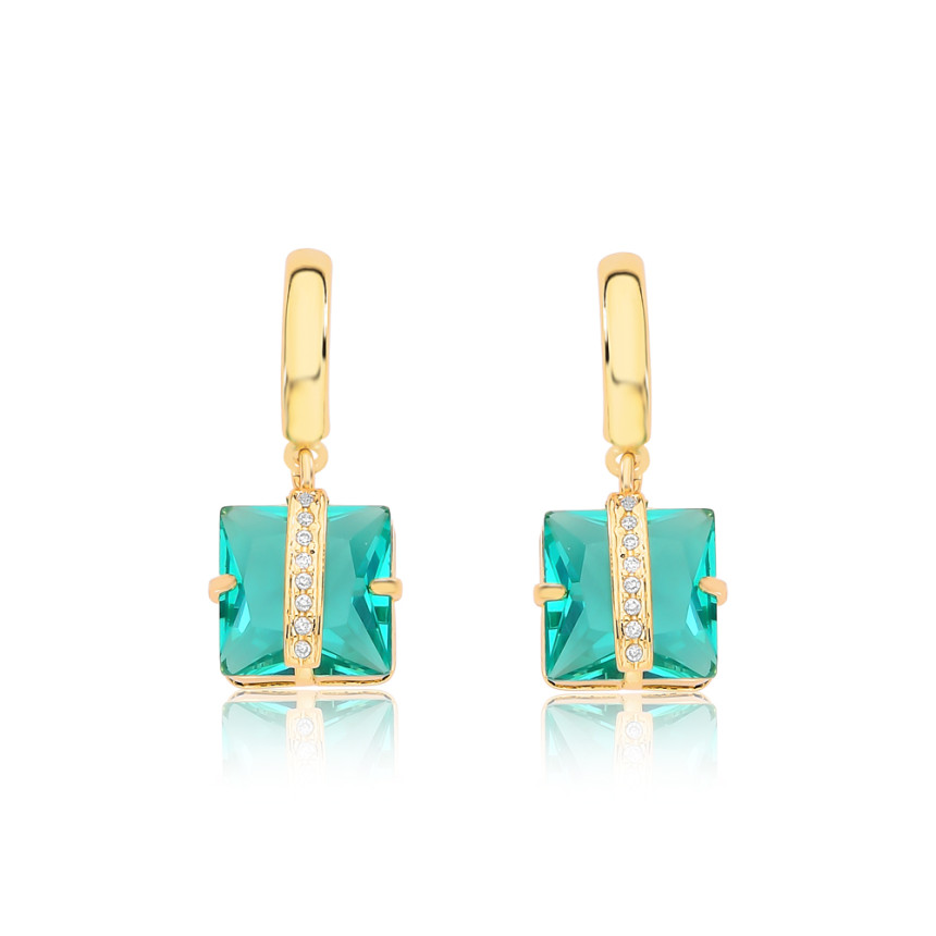Brinco Base Fio Liso Zircônia Verde Paraíba Quadrada c/ Fio Cravejado  Folheado a Ouro 18k