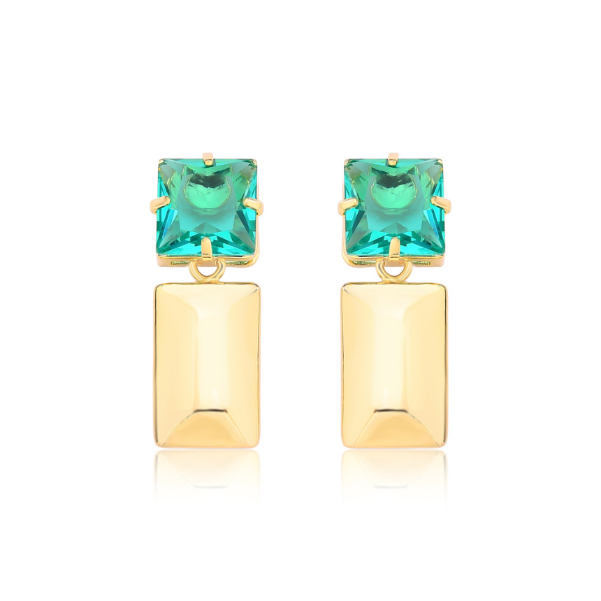 Brinco Zircônia Quadrada Verde Paraíba c/ Retângulo Liso Folheado a Ouro 18k