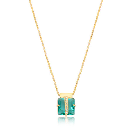 Gargantilha Veneziana c/ Pingente Quadrado de Zircônia Verde Paraíba c/ Fio Cravejado  Folheada a Ouro 18k