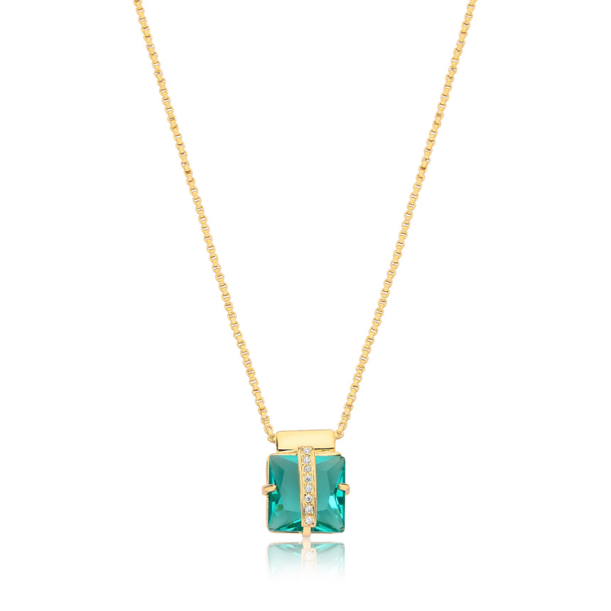 Gargantilha Veneziana c/ Pingente Quadrado de Zircônia Verde Paraíba c/ Fio Cravejado  Folheada a Ouro 18k