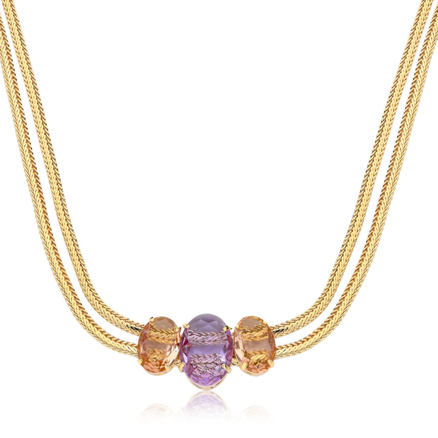Gargantilha Dupla Achatada c/ Trio Zircônia Oval Pêssego e Lavanda  Folheada a Ouro 18k