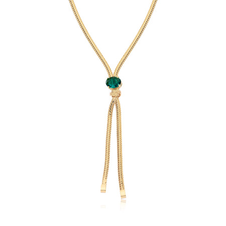 Gargantilha Fita Achatada Gravatinha Nó Diamantado Zircônia Oval Esmeralda Folheada a Ouro 18k