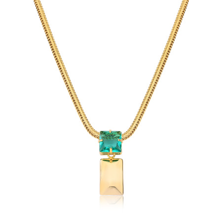 Gargantilha Fita Achatada Zircônia Quadrada Verde Paraíba c/ Retângulo Liso  Folheada a Ouro 18k