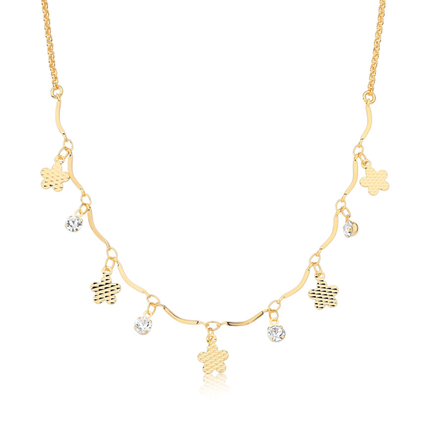 Choker Portuguesinha c/ Canutilhos Ondulados Flores e Ponto Luz Folheada a Ouro 18k