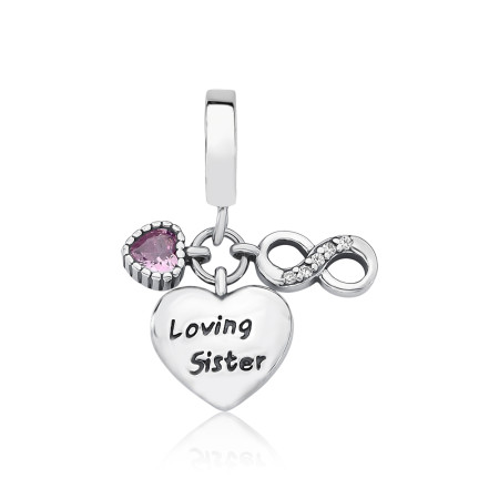Berloque Prata c/ Ródio You Argola Coração "Loving Sister" e Infinito Cravejado e Coração Rosa