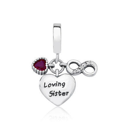 Berloque Prata c/ Ródio You Argola Coração "Loving Sister" e Infinito Cravejado e Coração Pink