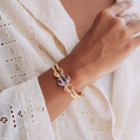 Pulseira Dupla Achatada c/ Trio Zircônias Ovais Pêssego e Lavanda Folheado a Ouro 18k