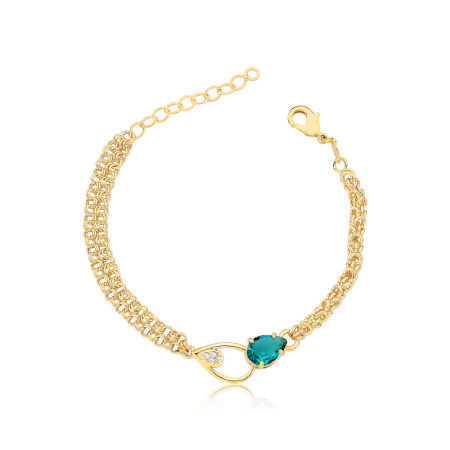 Pulseira Portuguesa Dupla c/ Zircônia Esmeralda e Lisa Cravejada Folheado a Ouro 18k