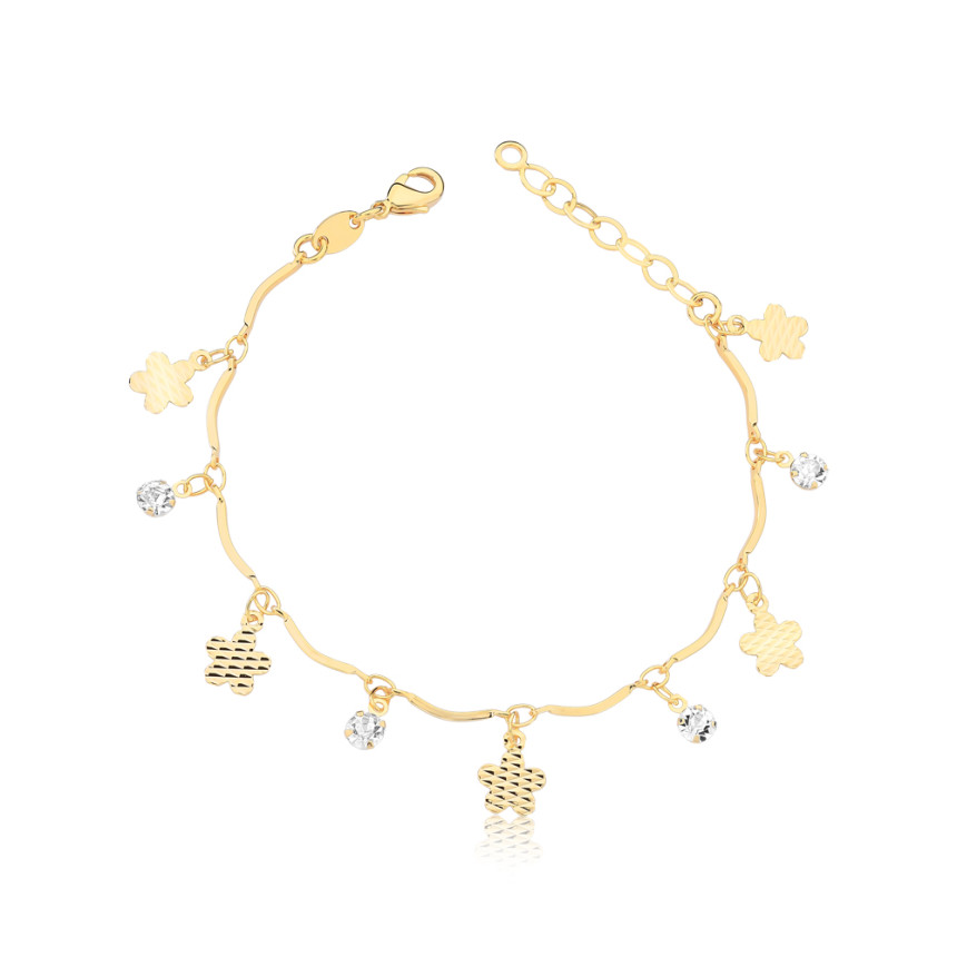 Pulseira Portuguesinha c/ Canutilhos Ondulados Flores e Ponto Luz Folheado a Ouro 18k