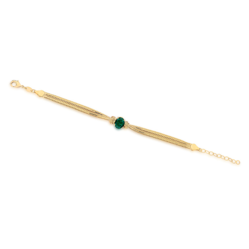 Pulseira Fita Dupla Zircônia Oval Esmeralda Nós Diamantados Folheado a Ouro 18k