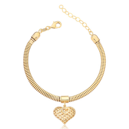 Pulseira Snake c/ Coração Rendado Vazado Folheado a Ouro 18k