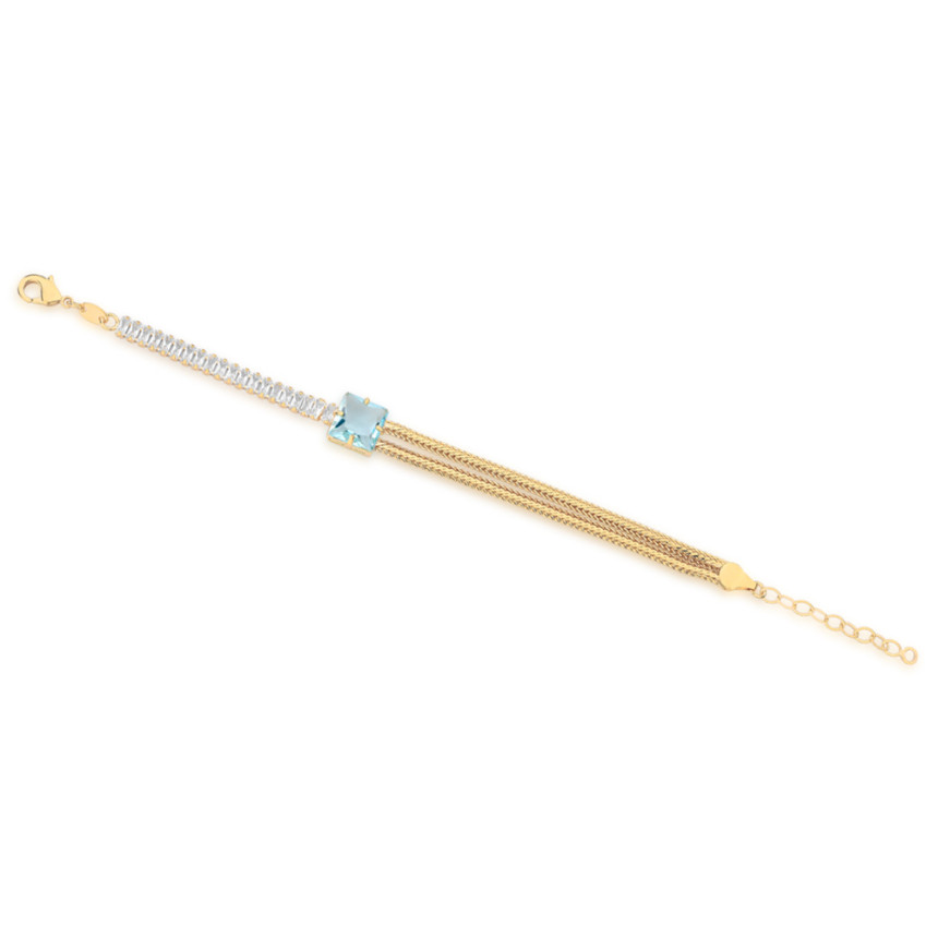Pulseira Fita Dupla e Riviera Baguete c/ Zircônia Acqua Quadrada Folheado a Ouro 18k