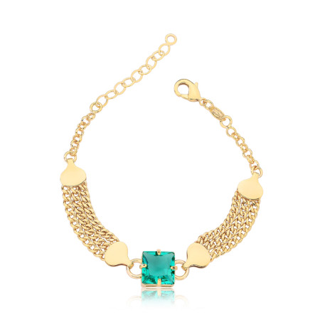 Pulseira Grumet Tripla c/ Zircônia Quadrada Verde Paraíba Folheado a Ouro 18k