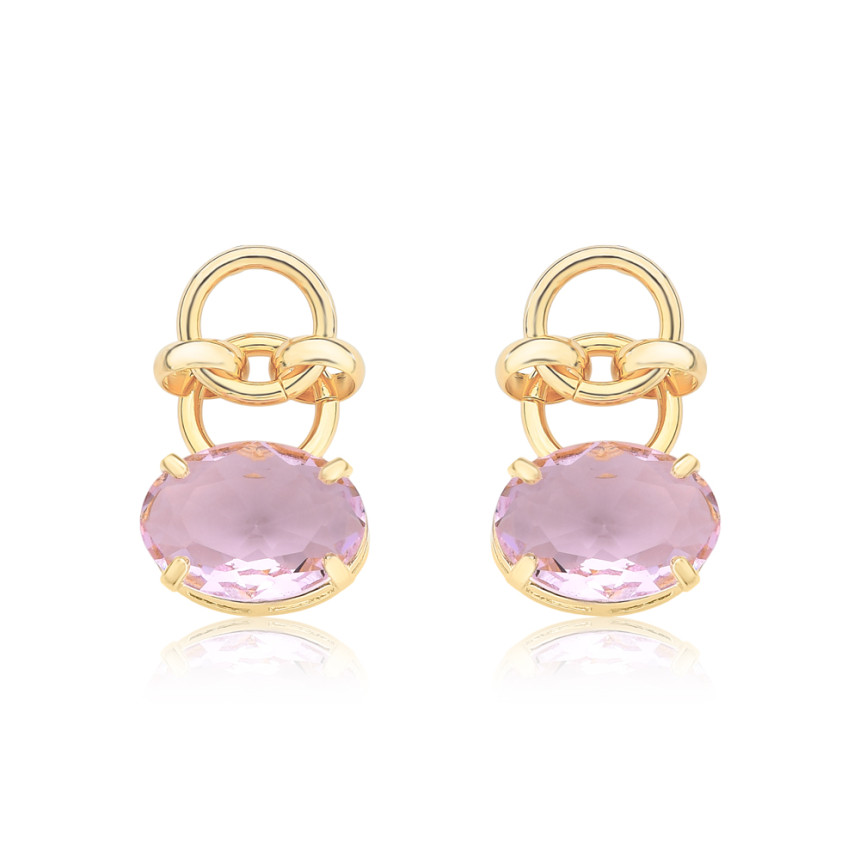 Brinco Base Elos c/ Zircônia Oval Rosa  Folheado a Ouro 18k