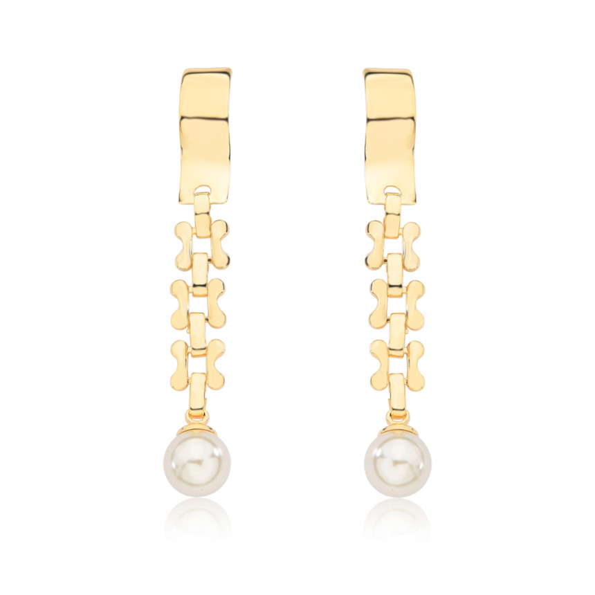 Brinco Base Lisa Ondulada e Malha Correia c/ Pérola Folheado a Ouro 18k