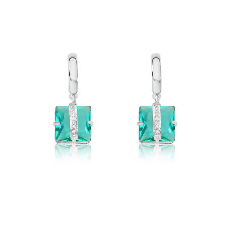Brinco Prata Leve Base Fio Liso Zircônia Verde Paraíba Quadrada c/ Fio Cravejado
