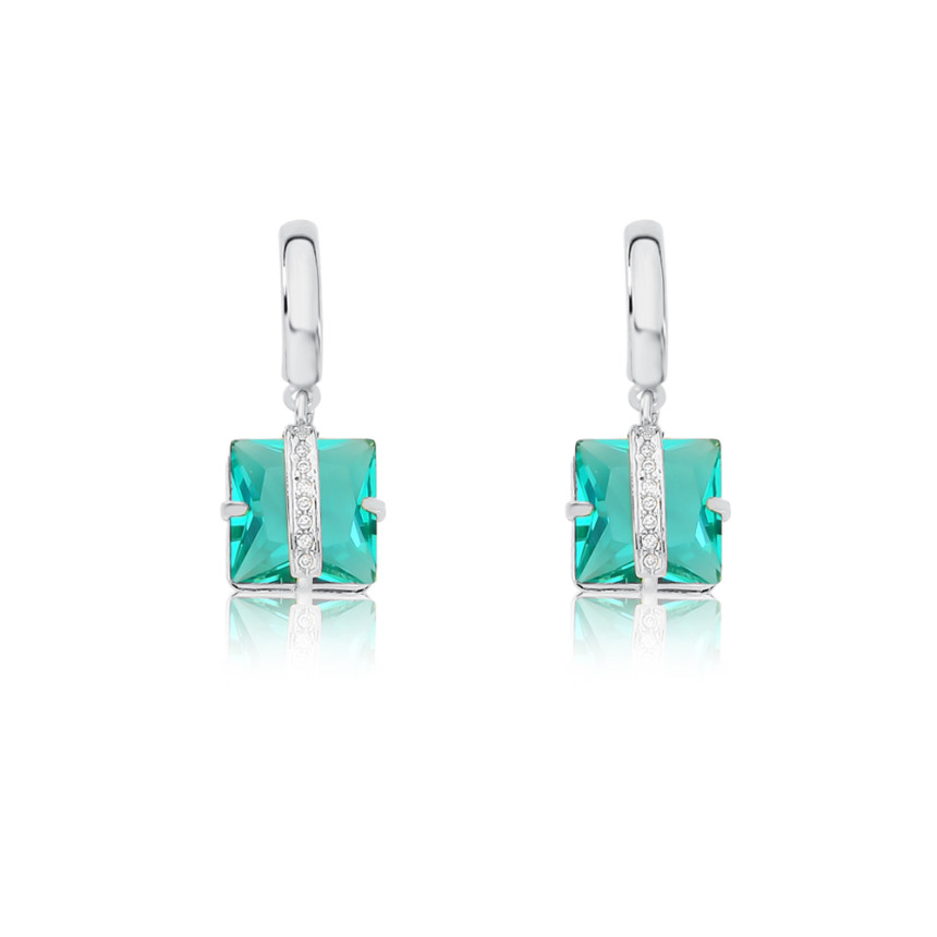 Brinco Prata Leve Base Fio Liso Zircônia Verde Paraíba Quadrada c/ Fio Cravejado