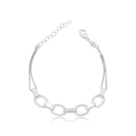 Pulseira Prata Leve Veneziana Dupla c/ Elos Lisos e Central Cravejado