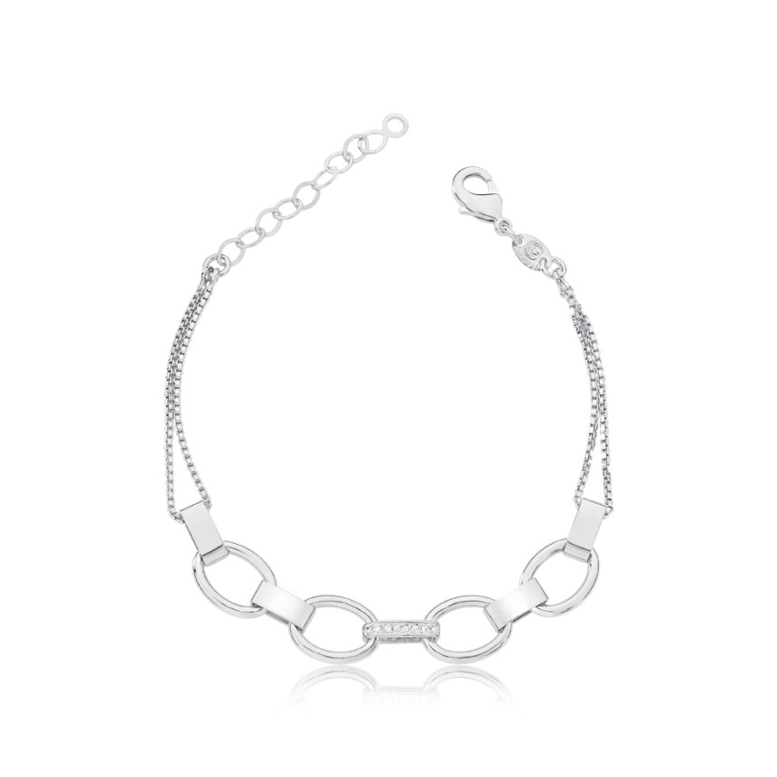Pulseira Prata Leve Veneziana Dupla c/ Elos Lisos e Central Cravejado