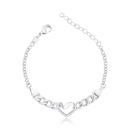 Pulseira Prata Leve Portuguesa e Grumet c/ Coração Central