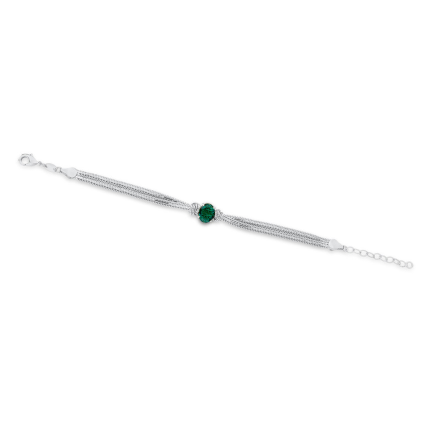 Pulseira Prata Leve Fita Dupla Zircônia Oval Esmeralda Nós Diamantados