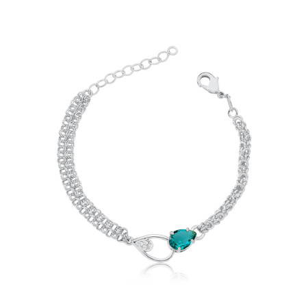 Pulseira Prata Leve Portuguesa Dupla c/ Zircônia Esmeralda e Lisa Cravejada