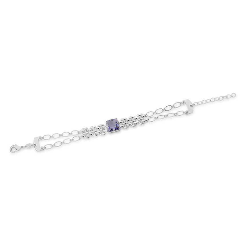 Pulseira Prata Leve Elos Correia c/ Zircônia Ametista Light Quadrada