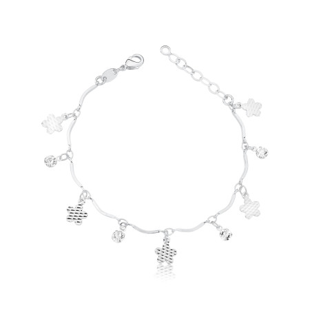 Pulseira Prata Leve Portuguesinha c/ Canutilhos Ondulados Flores e Ponto Luz