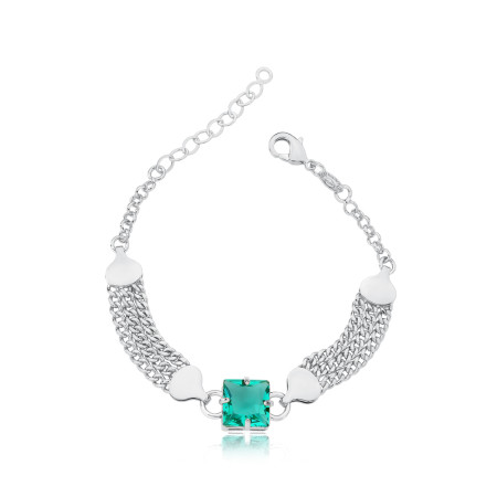 Pulseira Prata Leve Grumet Tripla c/ Zircônia Quadrada Verde Paraíba